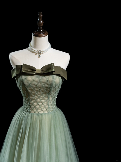Retro A-Linie trägerloses Tüll Hellgrün Lange Ballkleider Beeindruckende Outfits zum 18. Geburtstag Ballkleid RB1855