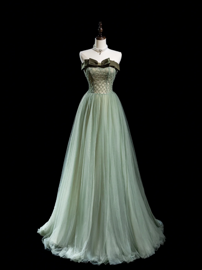 Retro A-Linie trägerloses Tüll Hellgrün Lange Ballkleider Beeindruckende Outfits zum 18. Geburtstag Ballkleid RB1855