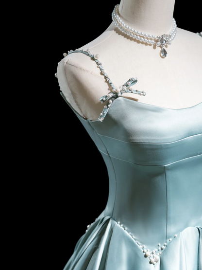 Retro A-Linie Spaghettiträger Hellhimmelblau Satin Lange Ballkleider Beeindruckende Outfits zum 18. Geburtstag Ballkleid RB1856