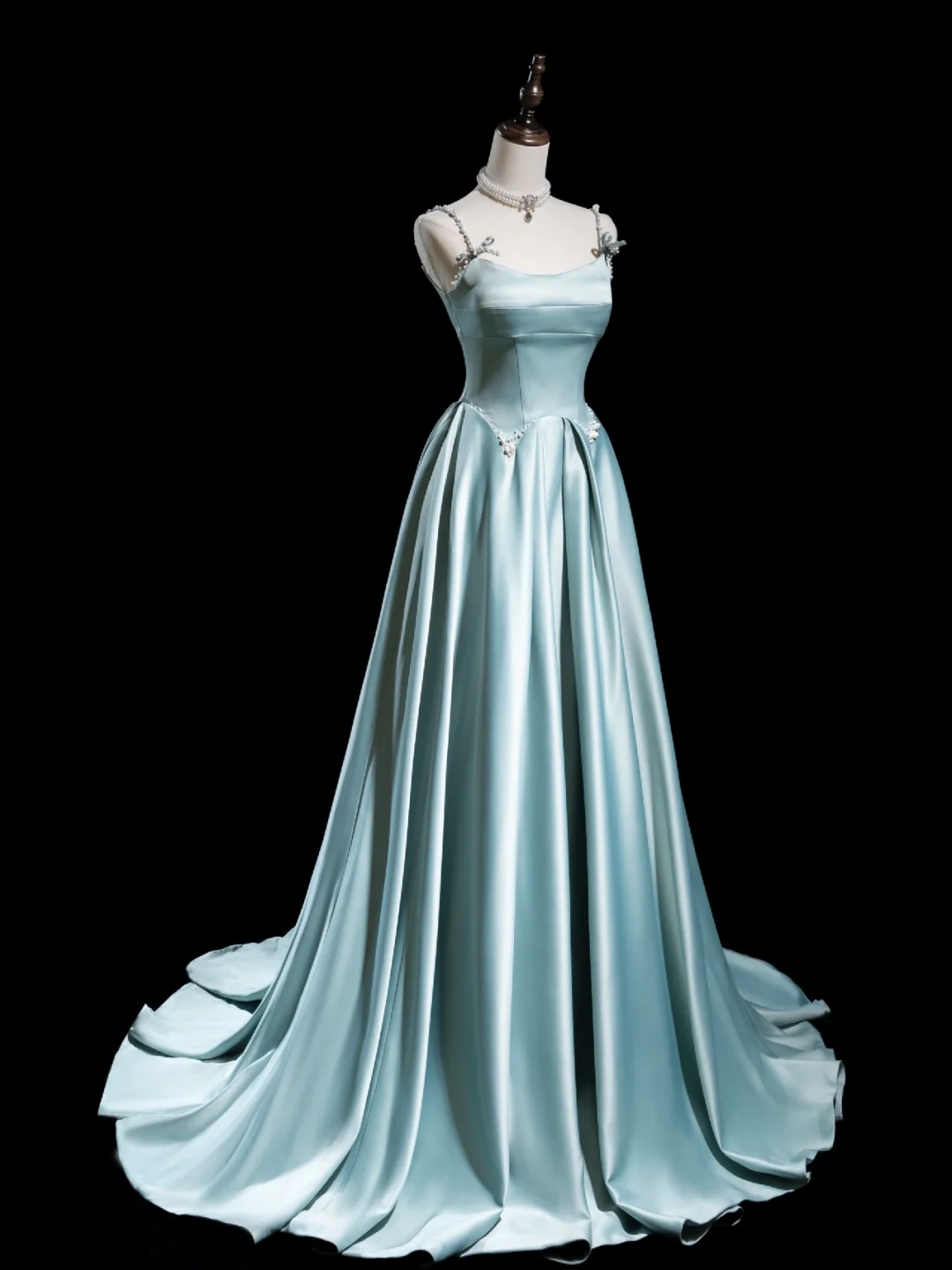 Retro A-Linie Spaghettiträger Hellhimmelblau Satin Lange Ballkleider Beeindruckende Outfits zum 18. Geburtstag Ballkleid RB1856