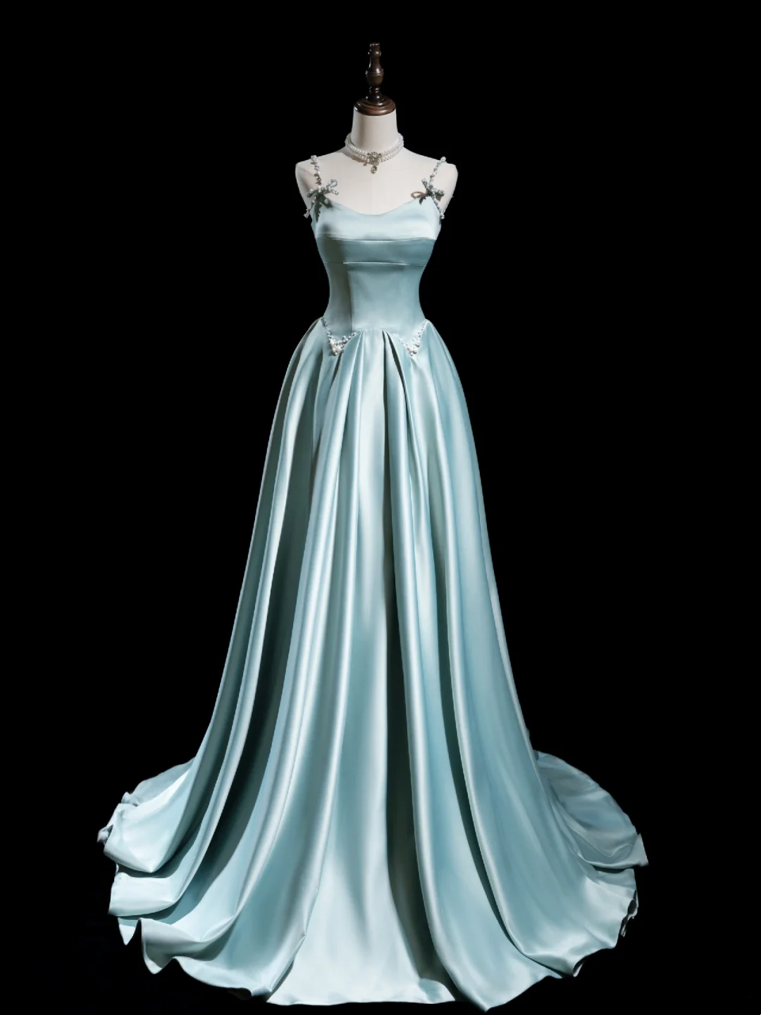 Retro A-Linie Spaghettiträger Hellhimmelblau Satin Lange Ballkleider Beeindruckende Outfits zum 18. Geburtstag Ballkleid RB1856
