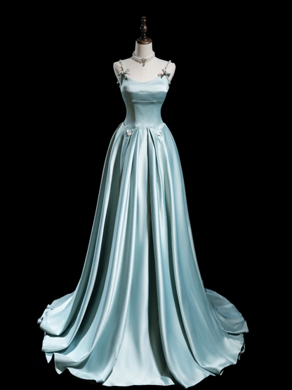 Retro A-Linie Spaghettiträger Hellhimmelblau Satin Lange Ballkleider Beeindruckende Outfits zum 18. Geburtstag Ballkleid RB1856