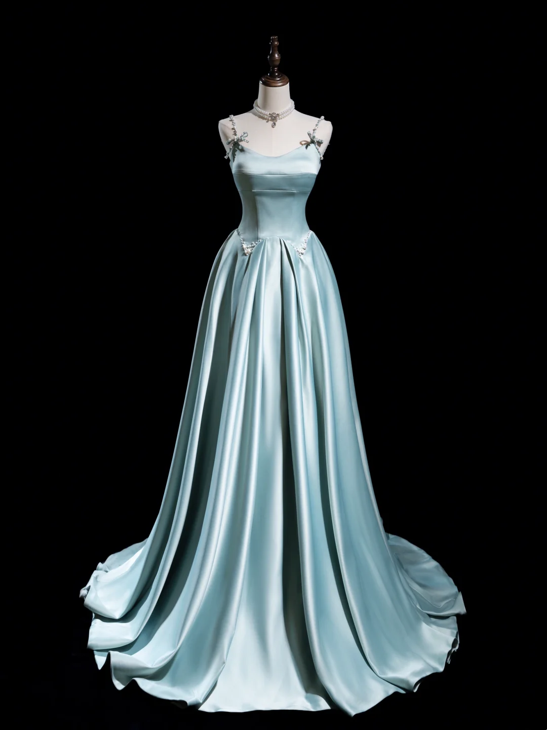 Retro A-Linie Spaghettiträger Hellhimmelblau Satin Lange Ballkleider Beeindruckende Outfits zum 18. Geburtstag Ballkleid RB1856