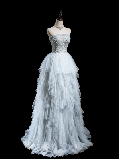Zeitloses Ballkleid, trägerlos, hellblau, Tüll, lange Ballkleider für Teenager, formelle Kleidung, bodenlanges Ballkleid RB1857