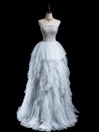 Zeitloses Ballkleid, trägerlos, hellblau, Tüll, lange Ballkleider für Teenager, formelle Kleidung, bodenlanges Ballkleid RB1857