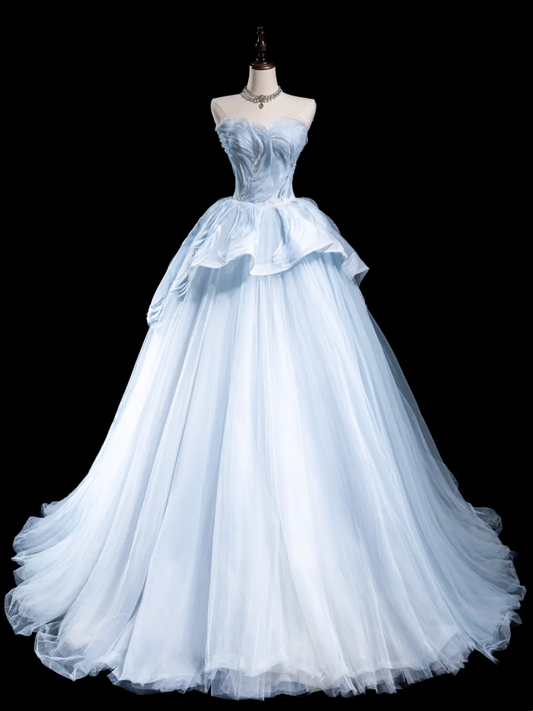 Vintage Ball Gown Strapless Light Sky Blue Tulle Pleated Long Prom Dresses For Teens Formal Dress Formal Dress Prom Gown RB1861
