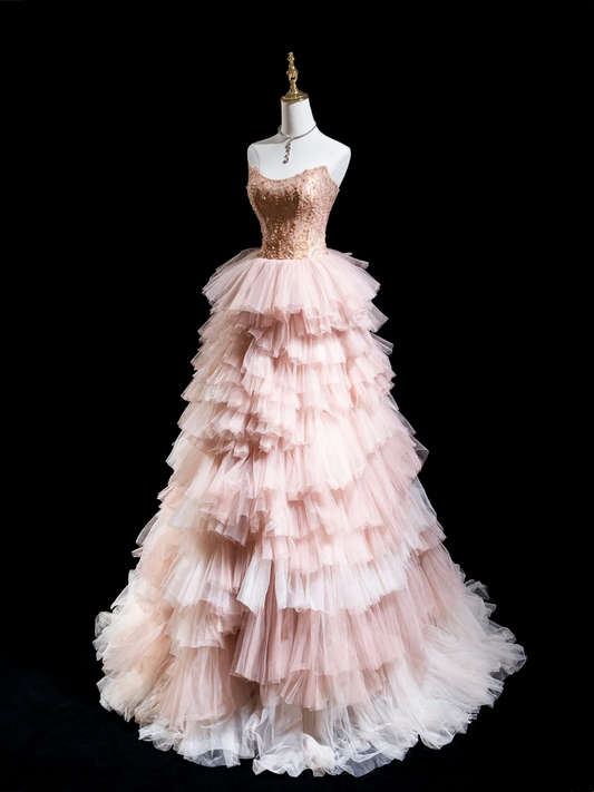 Vintage Ball Gown Strapless Light Pink Tulle Long Prom Dresses For Teens Formal Dress Floor Length Prom Gown RB1862