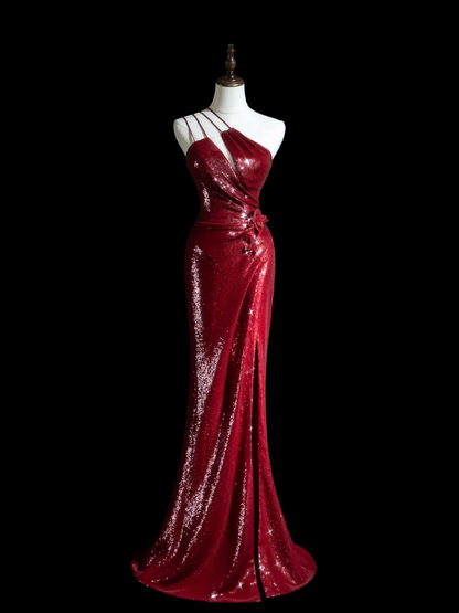 Sparkle Mermaid One Shoulder Burgundy Pailletten Lange Ballkleider Beeindrucken 18. Geburtstag Outfits Ballkleid RB1850