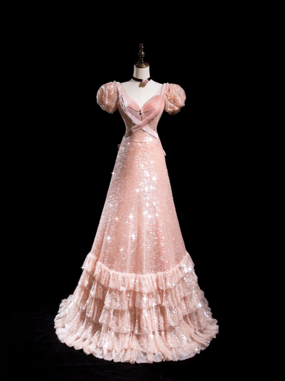 Robe de bal longue rétro en velours rose poudré à sequins, coupe trapèze, décolleté cœur. Idéale pour un 18e anniversaire. Robe de bal R1870