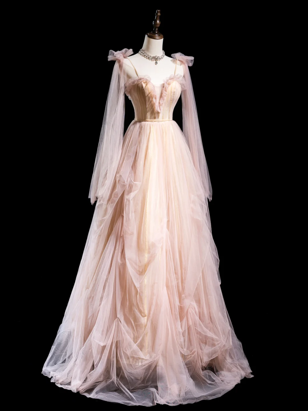 Vintage Ball Gown Spaghetti Strap Light Pink Tulle Pleated Long Prom D – RubyFashionDress