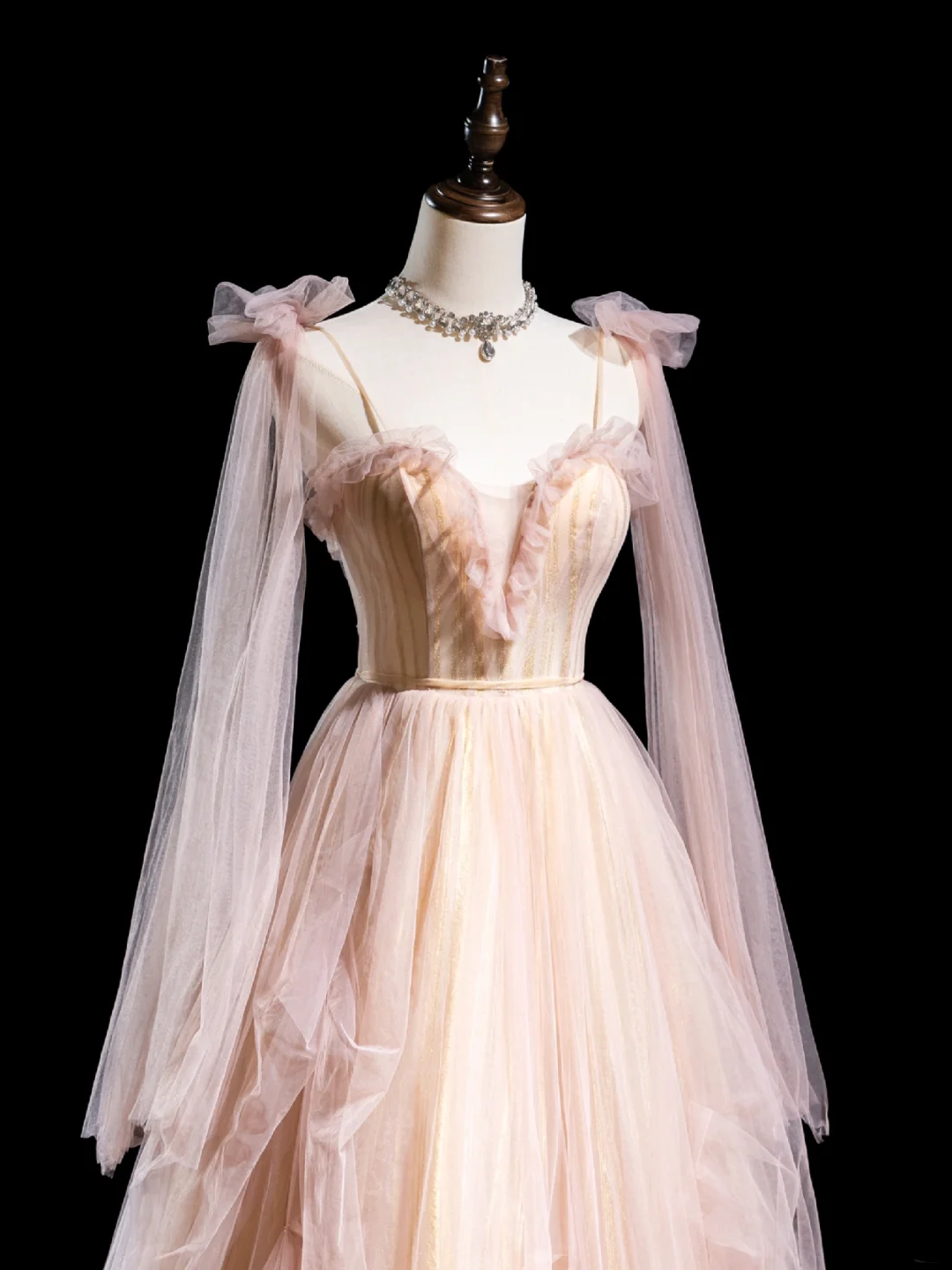 Niedliches Ballkleid mit Spaghettiträgern, hellrosa, plissiertem Tüll, langes Abendkleid für Teenager, formelles Kleid, Ballkleid AB852