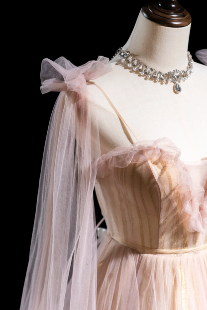 Niedliches Ballkleid mit Spaghettiträgern, hellrosa, plissiertem Tüll, langes Abendkleid für Teenager, formelles Kleid, Ballkleid AB852