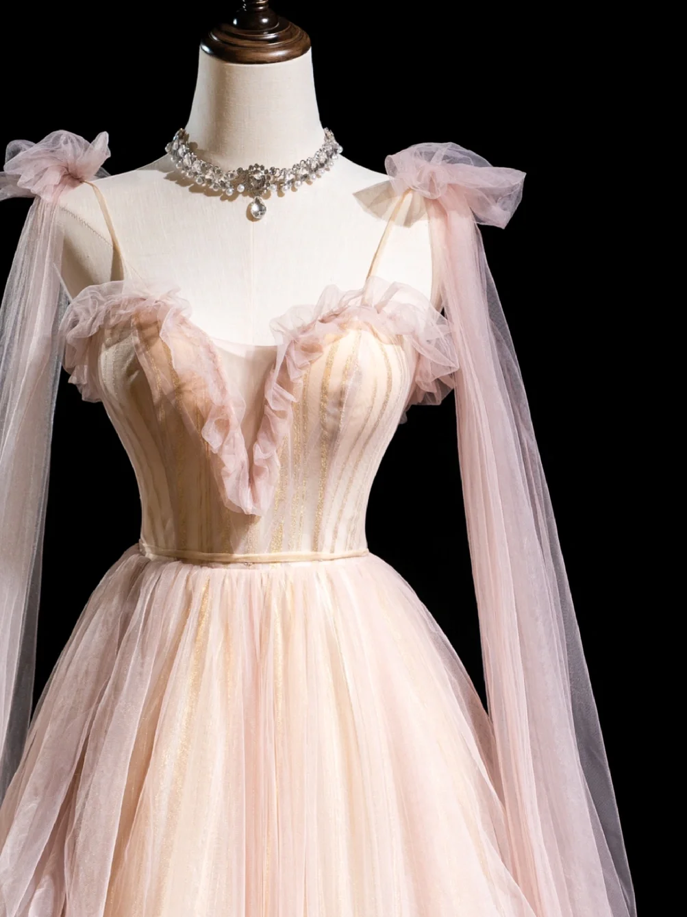 Vintage Ball Gown Spaghetti Strap Light Pink Tulle Pleated Long Prom D   RubyFashionDress