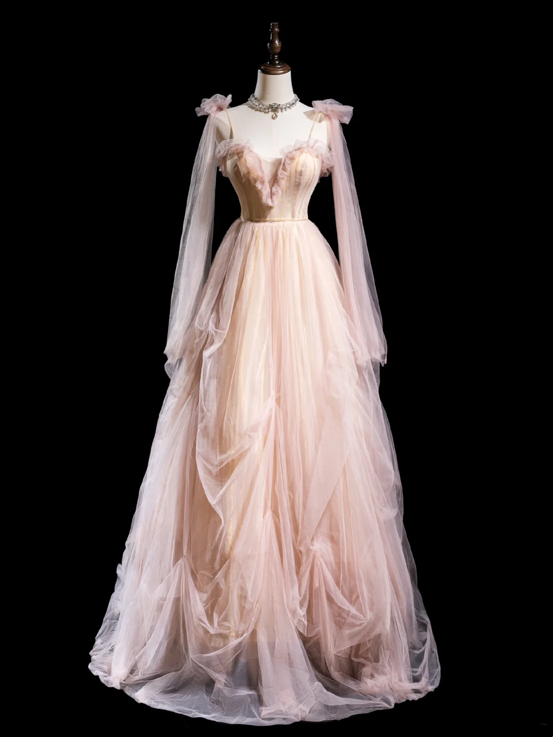 Vintage Ball Gown Spaghetti Strap Light Pink Tulle Pleated Long Prom D RubyFashionDress Vintage Ball Gown Spaghetti Strap Light Pink Tulle Pleated Long Prom D RubyFashionDress