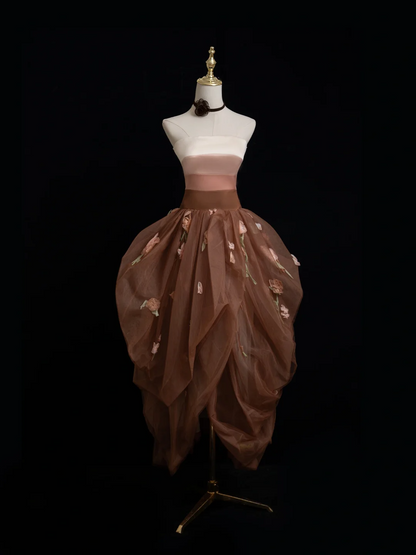 Retro Ballkleid Trägerlos Braun Tüll Ballkleider Beeindrucken 18. Geburtstag Outfits Ballkleid RB1878