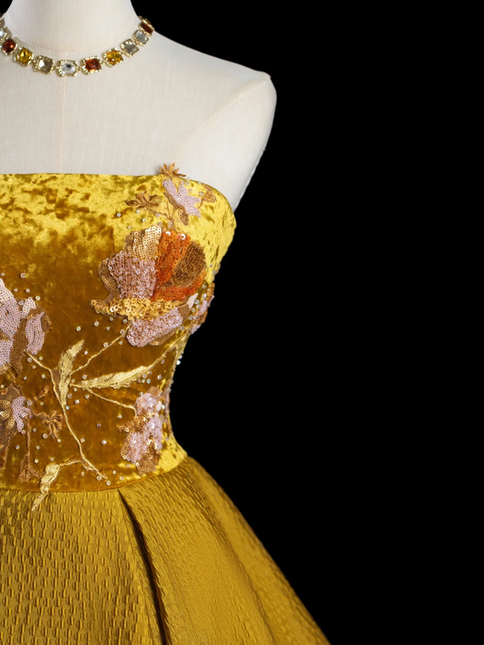 Retro Ballkleid Trägerlos Gold Satin Lange Ballkleider Beeindrucken 18. Geburtstag Outfits Ballkleid RB1885