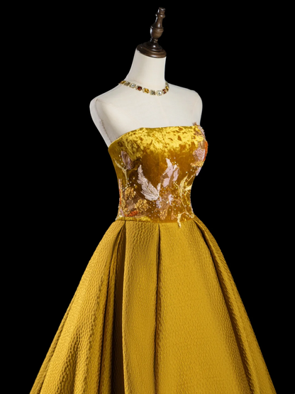 Retro Ballkleid Trägerlos Gold Satin Lange Ballkleider Beeindrucken 18. Geburtstag Outfits Ballkleid RB1885