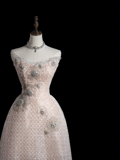 Retro-Ballkleid, trägerlos, hellrosa, lange Pailletten, Ballkleider, beeindrucken, Outfits zum 18. Geburtstag, Ballkleid RB1887