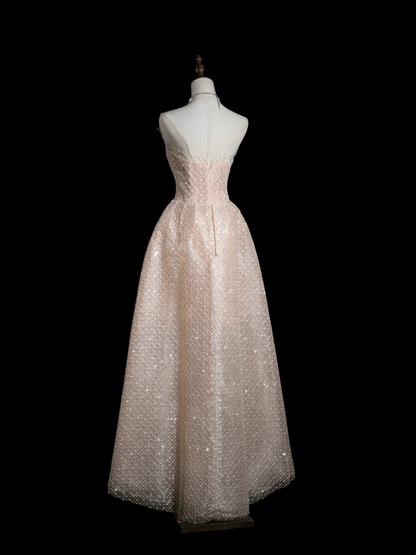 Retro-Ballkleid, trägerlos, hellrosa, lange Pailletten, Ballkleider, beeindrucken, Outfits zum 18. Geburtstag, Ballkleid RB1887
