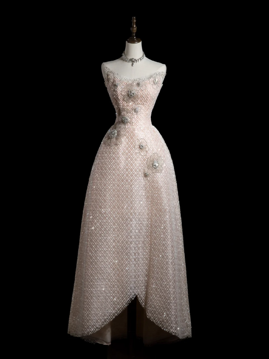 Retro-Ballkleid, trägerlos, hellrosa, lange Pailletten, Ballkleider, beeindrucken, Outfits zum 18. Geburtstag, Ballkleid RB1887