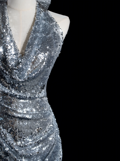 Retro Mermaid Halter Silver Sequin Long Prom Dresses Impress 18th Birthday Outfits Prom Gown RB1889