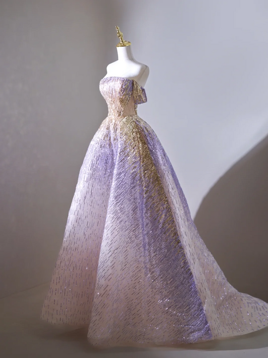 Retro-Ballkleid, schulterfrei, lila, lange Pailletten, Ballkleider, beeindrucken, 18. Geburtstags-Outfits, Ballkleid RB1899