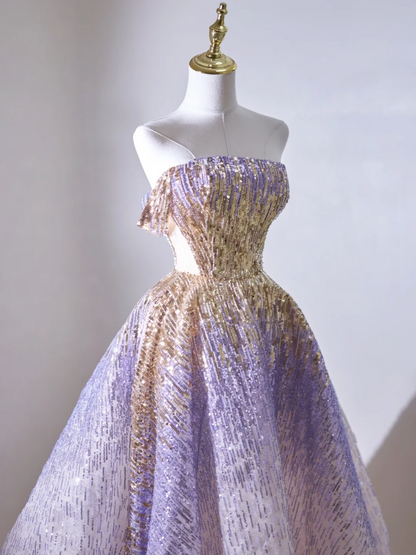 Retro-Ballkleid, schulterfrei, lila, lange Pailletten, Ballkleider, beeindrucken, 18. Geburtstags-Outfits, Ballkleid RB1899