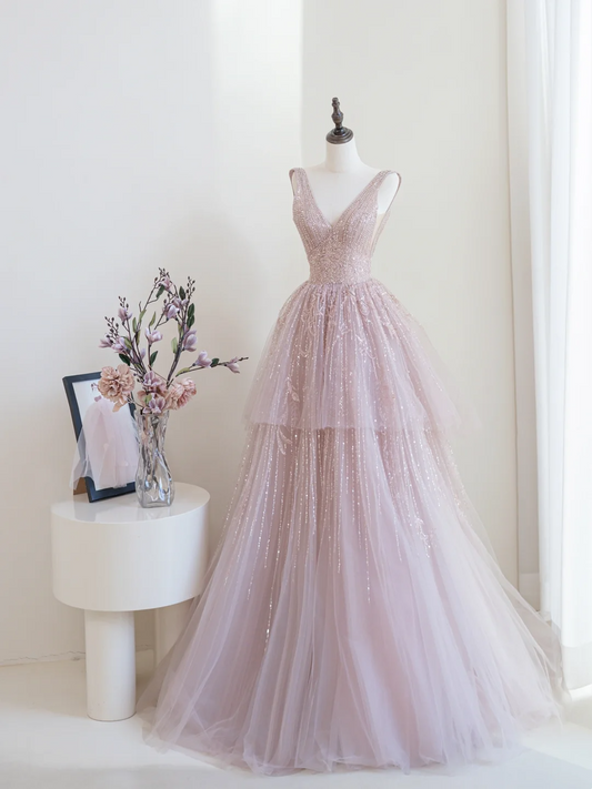 Glänzendes Ballkleid mit tiefem V-Ausschnitt und rosa Pailletten, lange Ballkleider, beeindrucken, Outfits zum 19. Geburtstag, Ballkleid RB1900