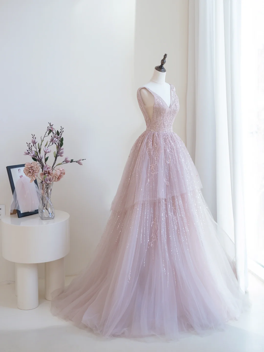 Glänzendes Ballkleid mit tiefem V-Ausschnitt und rosa Pailletten, lange Ballkleider, beeindrucken, Outfits zum 19. Geburtstag, Ballkleid RB1900