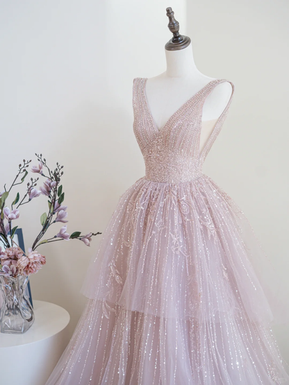 Glänzendes Ballkleid mit tiefem V-Ausschnitt und rosa Pailletten, lange Ballkleider, beeindrucken, Outfits zum 19. Geburtstag, Ballkleid RB1900