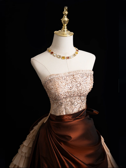 Vintage Ballkleid Trägerlos Braun Satin Lange Ballkleider Beeindrucken Sweet 16 Geburtstag Outfits Ballkleid RB1915
