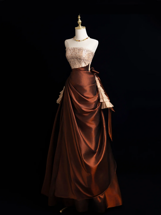 Vintage Ballkleid Trägerlos Braun Satin Lange Ballkleider Beeindrucken Sweet 16 Geburtstag Outfits Ballkleid RB1915