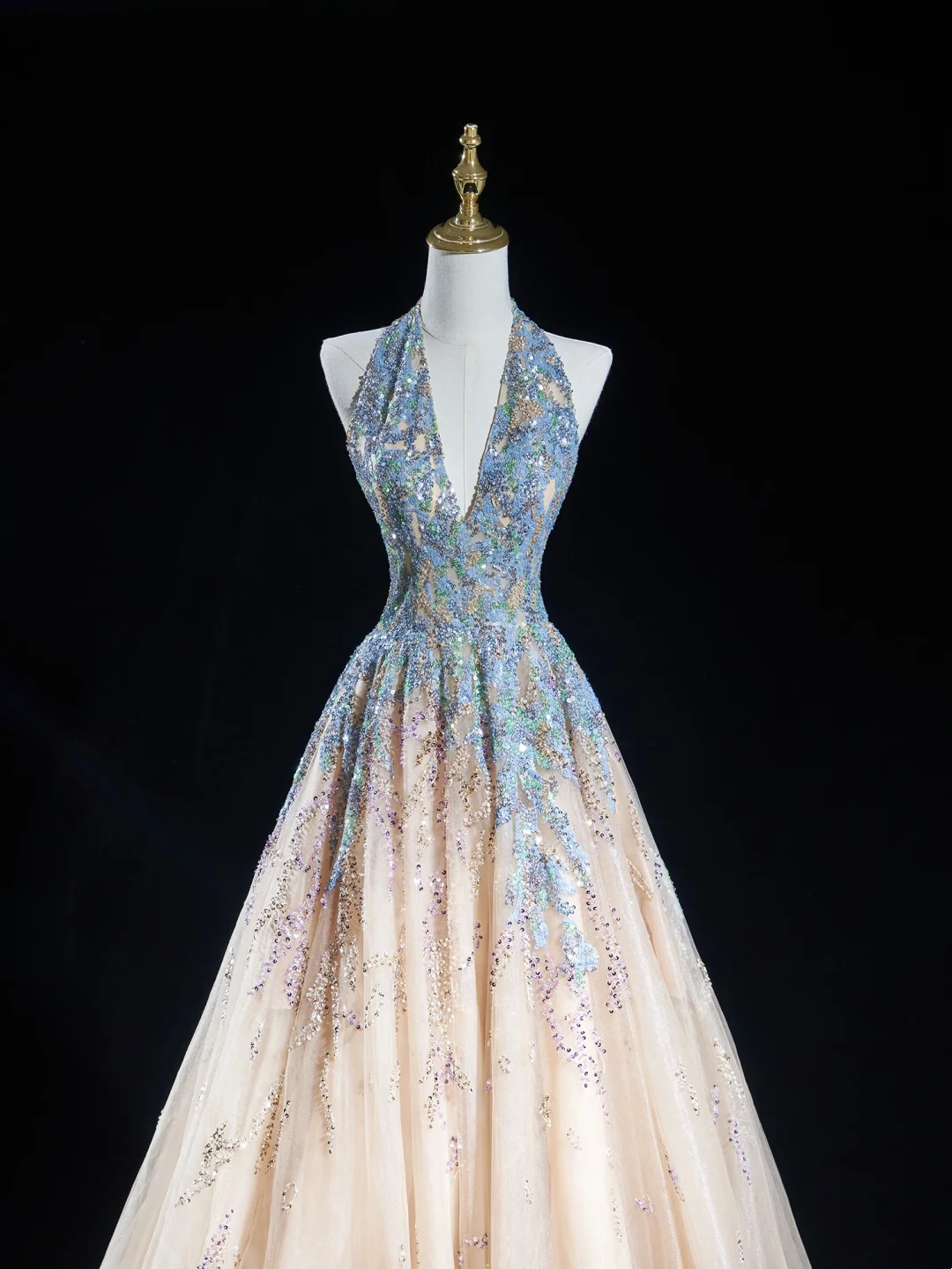 Zeitloses Ballkleid mit Neckholder, Champagnerblau, Pailletten, lange Ballkleider für Teenager, formelle Kleidung, Geburtstags-Outfits, Ballkleid RB1848