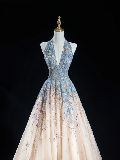Zeitloses Ballkleid mit Neckholder, Champagnerblau, Pailletten, lange Ballkleider für Teenager, formelle Kleidung, Geburtstags-Outfits, Ballkleid RB1848