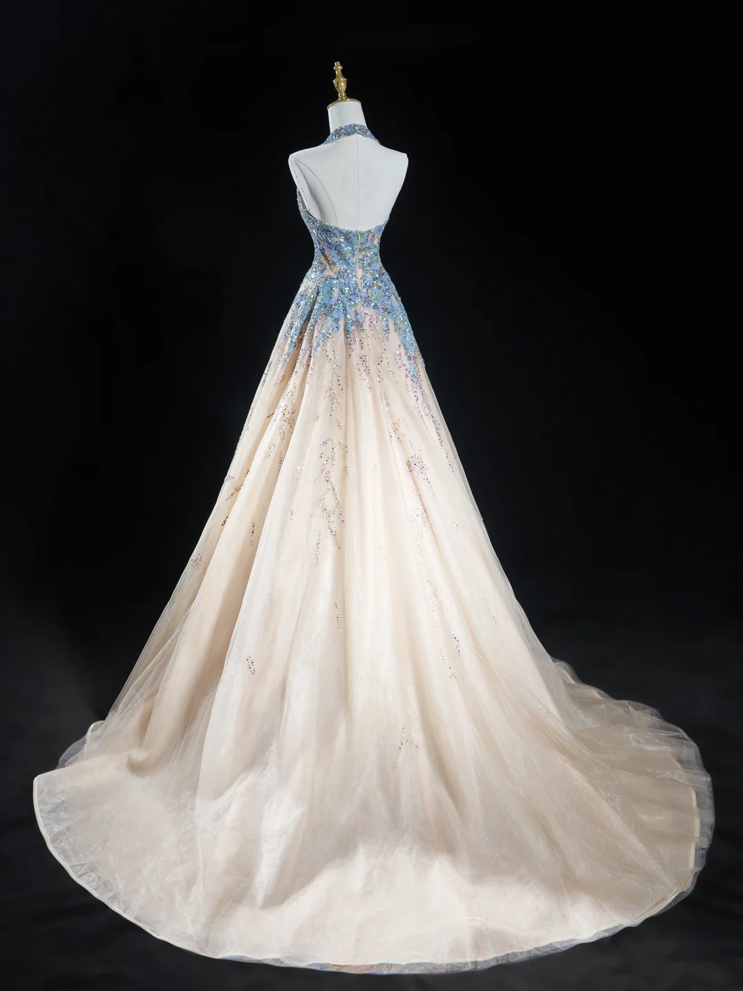 Zeitloses Ballkleid mit Neckholder, Champagnerblau, Pailletten, lange Ballkleider für Teenager, formelle Kleidung, Geburtstags-Outfits, Ballkleid RB1848