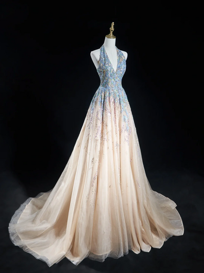 Zeitloses Ballkleid mit Neckholder, Champagnerblau, Pailletten, lange Ballkleider für Teenager, formelle Kleidung, Geburtstags-Outfits, Ballkleid RB1848