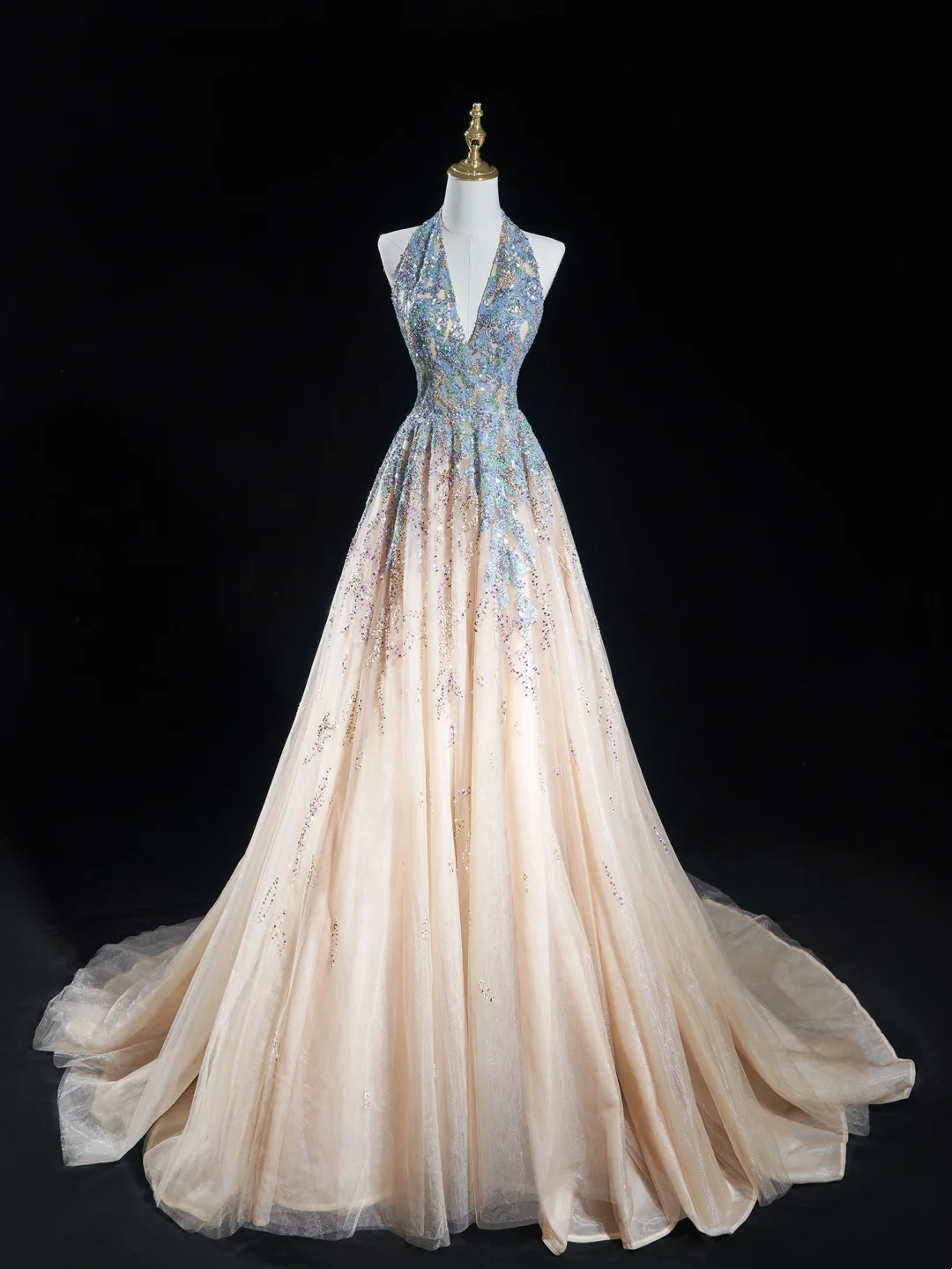 Zeitloses Ballkleid mit Neckholder, Champagnerblau, Pailletten, lange Ballkleider für Teenager, formelle Kleidung, Geburtstags-Outfits, Ballkleid RB1848