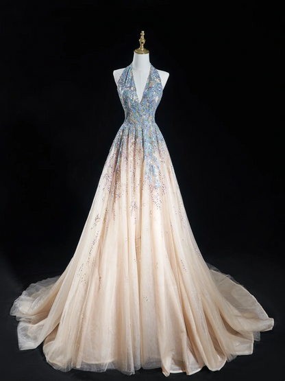 Zeitloses Ballkleid mit Neckholder, Champagnerblau, Pailletten, lange Ballkleider für Teenager, formelle Kleidung, Geburtstags-Outfits, Ballkleid RB1848