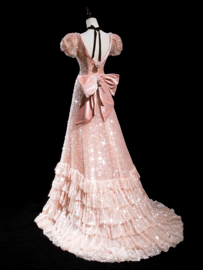 Robe de bal longue rétro en velours rose poudré à sequins, coupe trapèze, décolleté cœur. Idéale pour un 18e anniversaire. Robe de bal R1870