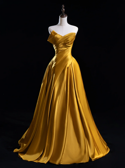 Schickes Ballkleid mit herzförmigem Ausschnitt und goldenen Satinrüschen, Abschlussballkleider für Senioren, ästhetische Ballkleider, formelle Outfits, Abschlusskleid RB1939