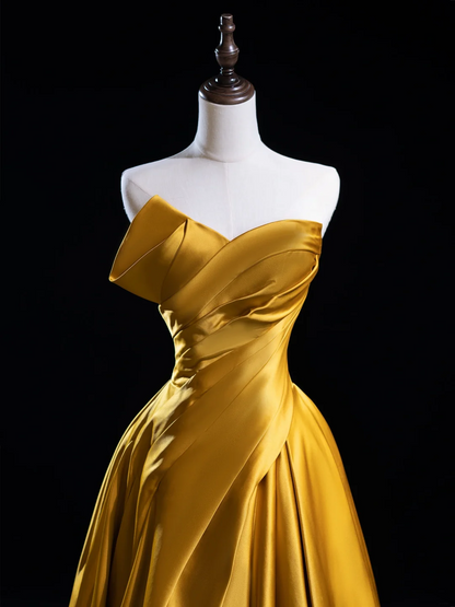 Schickes Ballkleid mit herzförmigem Ausschnitt und goldenen Satinrüschen, Abschlussballkleider für Senioren, ästhetische Ballkleider, formelle Outfits, Abschlusskleid RB1939