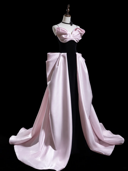 Edles Ballkleid mit Spaghettiträgern und rosa Satin-Abschlussballkleider, formelle Kleidung, Outfits zum 20. Geburtstag, Abschlussballkleid RB1947