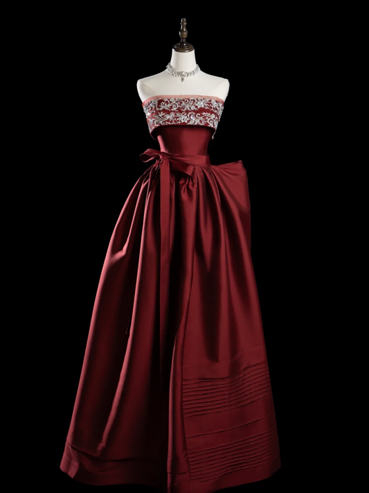 Edles Ballkleid, trägerlos, Burgunderrot, Satin, Ballkleider, Abendkleid, 20. Geburtstag, Outfits, Ballkleid RB1949
