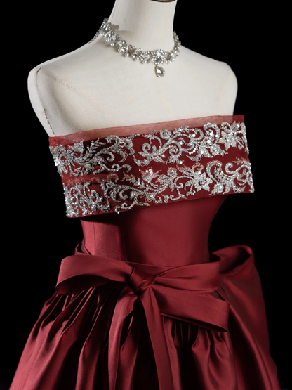 Edles Ballkleid, trägerlos, Burgunderrot, Satin, Ballkleider, Abendkleid, 20. Geburtstag, Outfits, Ballkleid RB1949