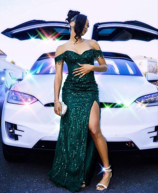 Pretty Mermaid Off The Shoulder Dark Green Sequin Slit Prom Dresses Formal Dress Party Outfits Prom Gown RB1963