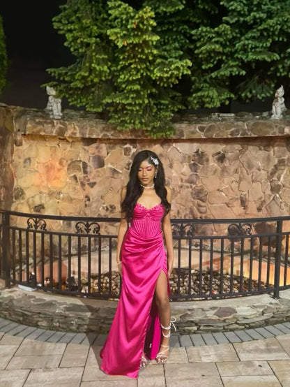 Unique Mermaid Sweetheart Hot Pink Satin Beads Prom Dresses Long Party Dress 21st Birthday Outfits Graduation Dress RB909