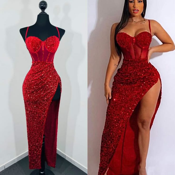 Sexy Mermaid Spaghetti Straps Red Sequin Slit Side Long Prom Dresses Inspiration Formal Gown RB1988