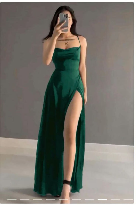Simple A line Spaghetti Straps Green Silk Satin Slit Long Prom Dresses Inspiration Formal Gown RB2008