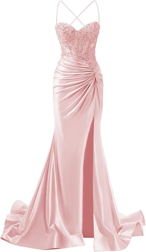 Modest Mermaid Spaghetti Straps Pink Silk Satin Slit Long Prom Dresses Inspiration Formal Gown RB2010
