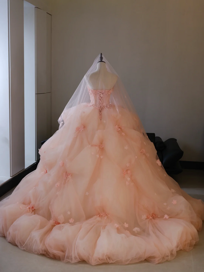 Robe de bal bustier rose poudré en tulle fleuri, longue, idéale pour les 15-16 ans (AB595)